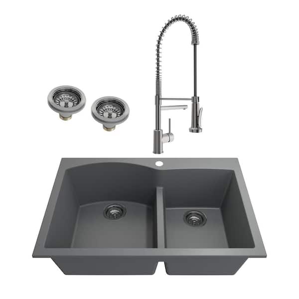 BOCCHI Campino Duo Concrete Gray Granite Composite 33 in. 60/40 Double Bowl Drop-In/Undermount Kitchen Sink with Faucet