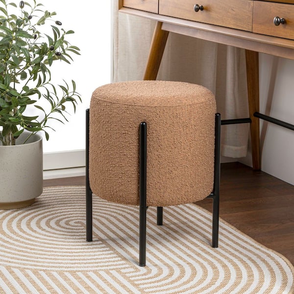 Silvia 18.5 in. Modern Minimalist Round Backless Metal/Boucle Cushioned Vanity Stool, Brown/Black