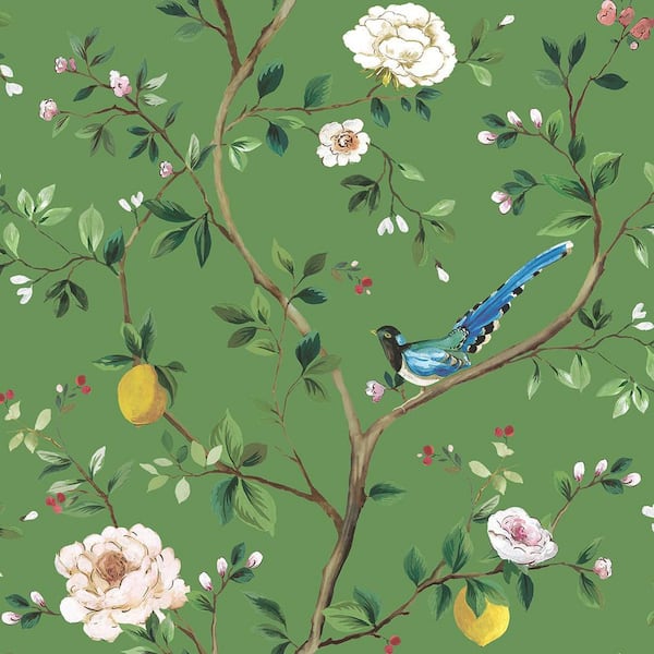 30.75 sq. ft. Green Blossom Chinoiserie Floral Premium Matte Non-Woven Paper Peel and Stick Wallpaper Roll