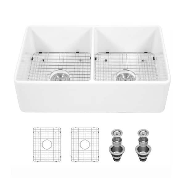 33 in. Farmhouse/Apron-Front Double Bowl White Ceramic Kitchen Sink with Accessories