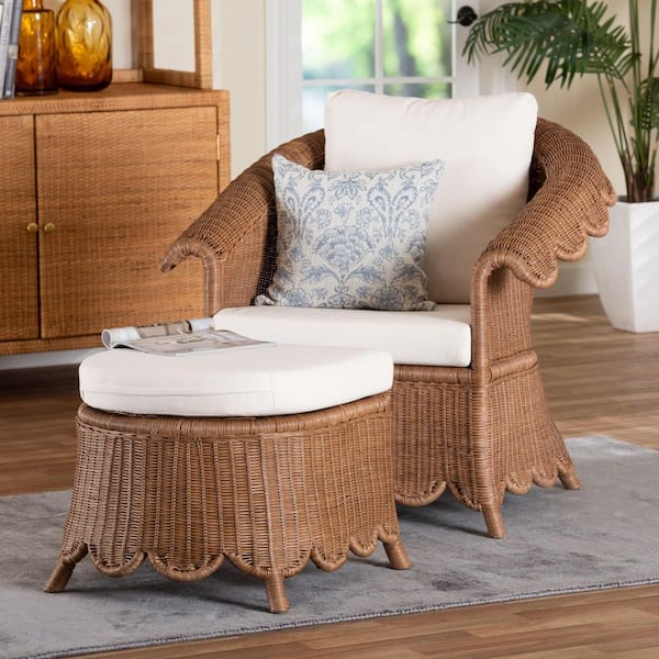 Detta Peanut Brown Rattan Armchair with Ottoman