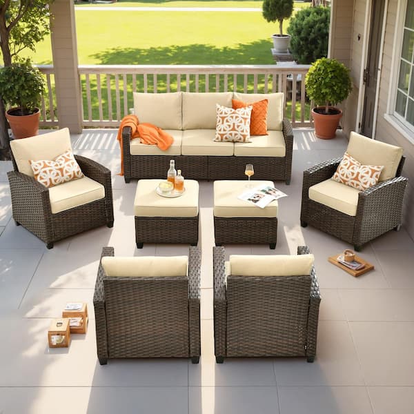 Caodoc Serena Grey 7-Piece Outdoor Leisure Wicker Conversation Sofa Set for Patio with Ottomans and Beige Cushions