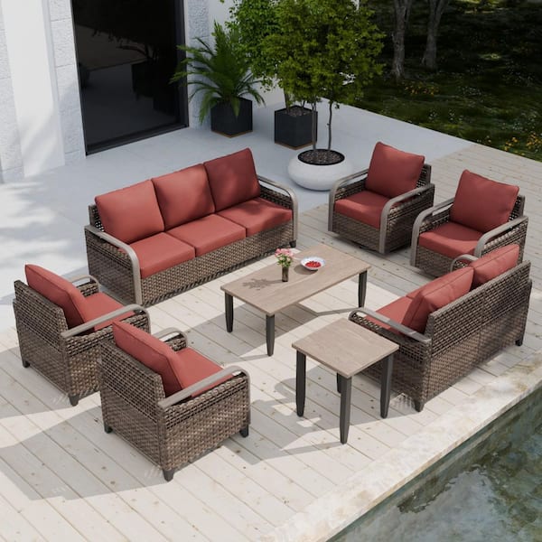 8-Piece Wicker Outdoor Patio Conversation Seating Sofa Set with Swivel Chairs, Red Cushions and Wood Grain Top Tables