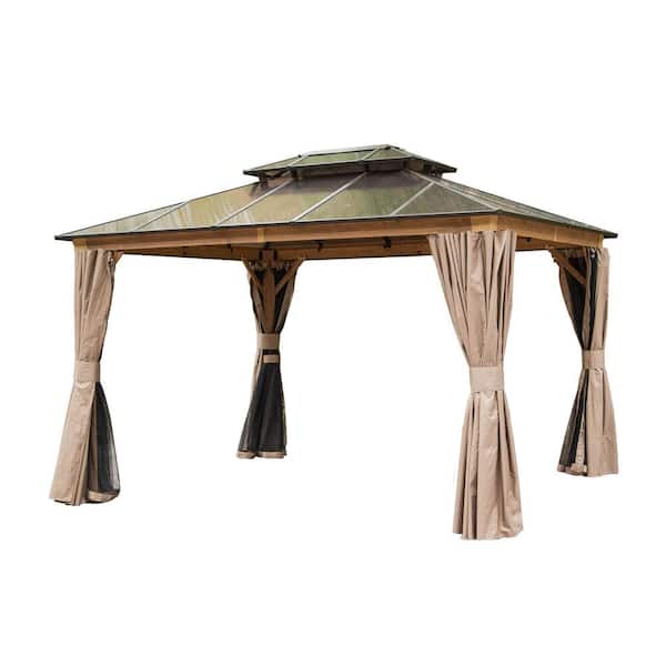 10 ft. x 12 ft. Outdoor Yellow Brown Aluminum Hardtop Gazebo with Polycarbonate Double Roof with Curtain and Netting