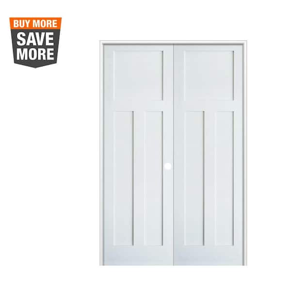 Krosswood Doors 64 in. x 96 in. Craftsman Shaker 3-Panel Left Handed MDF Solid Core Primed Wood Double Prehung Interior French Door
