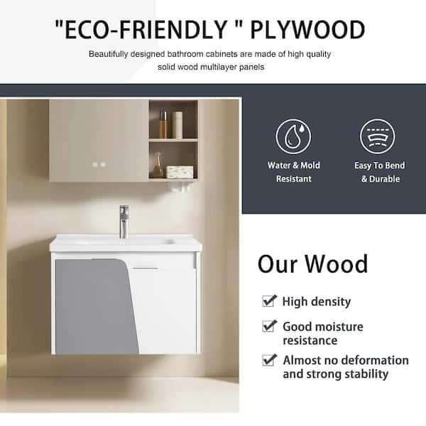 27.80 in. W x 18.50 in. D x 20.70 in. H Floating Wall-Mounted Bath Vanity in White with White Ceramic Top