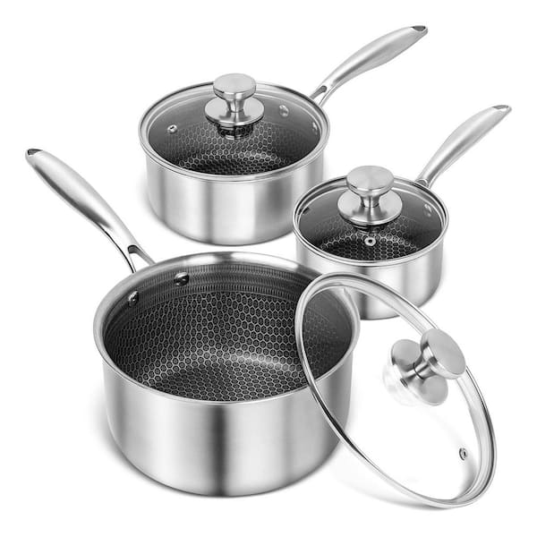 1QT 2QT 3QT Stainless Steel Nonstick Sauce Pan Set with Lid Honeycomb Interior Silver 6-Pack