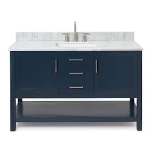 Bayhill 55 in. W x 22 in. D x 35.25 in. H Freestanding Bath Vanity in Midnight Blue with Carrara White Marble Top