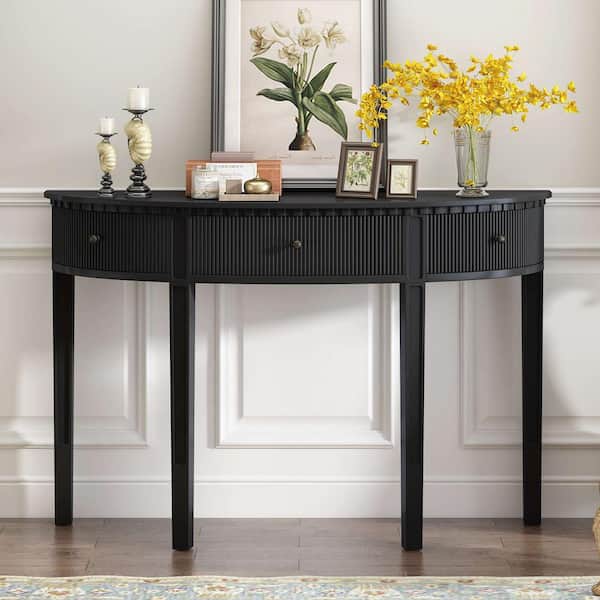 51.1 in. Black Curved Wood Console Table with Vertical Stripe Drawer Fronts and Four Legs