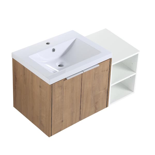 Satico 35.6 in. W Floating Wall-Mounted Bath Vanity in Imitative Oak with White Resin Top