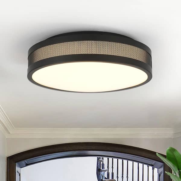 Lumo Hive 15.7 in. Matte Black Dimmable Integrated LED Flush Mount Ceiling Light Fixture with Frosted Glass Shade