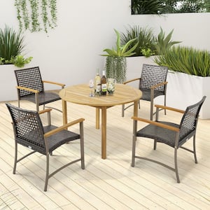Outdoor Rattan Chair Set of 4 Patio PE Wicker Dining Chairs w/Acacia Wood Armrests Balcony Poolside