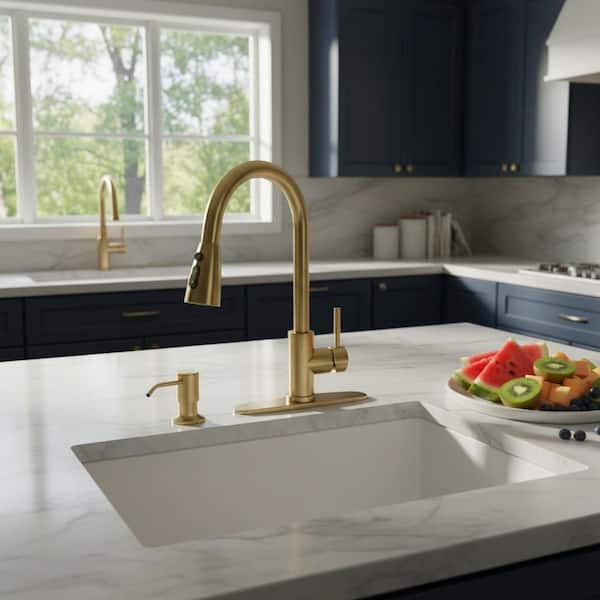 Single Handle Pull Down Sprayer Kitchen Faucet with 3-Function Sprayer and Soap Dispenser in Brushed Gold