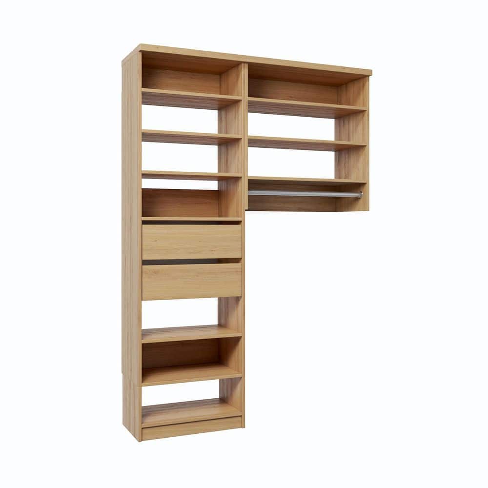 45 in. W Natural Oak Reach-in Floor-Mount 1-Rod 2-Reveal-Drawers 10-Shelf Wood Closet System