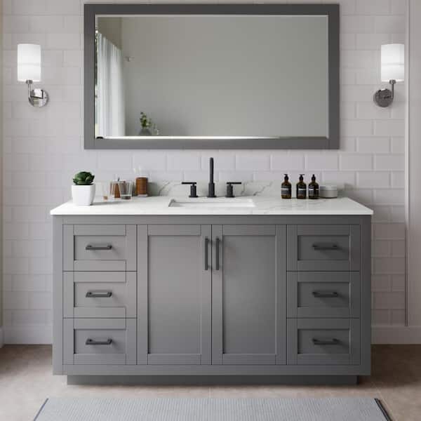 Wyndham Collection Miranda 66 in. W x 22 in. D x 33.75 in. H Single Bath Vanity in Dark Gray with Giotto Quartz Top and 58 in. Mirror