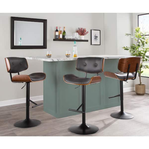 Lombardi 34 in. Grey Faux Leather, Black Metal, and Walnut Wood Adjustable Barstool (Set of 3)
