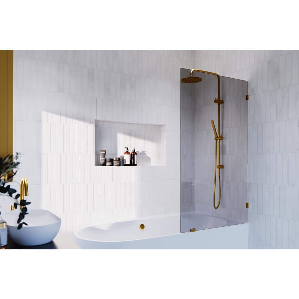 Ursa Frameless Gray Tinted Glass Bath Panel with Satin Brass Hardware