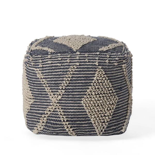 Noble House Sylas Ivory and Navy Blue Handcrafted Faux Yarn Cube Pouf