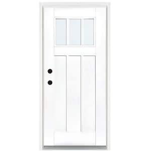 36 in. x 80 in. Smooth White Right-Hand Inswing 3-Lite LowE Classic Craftsman Finished Fiberglass Prehung Front Door