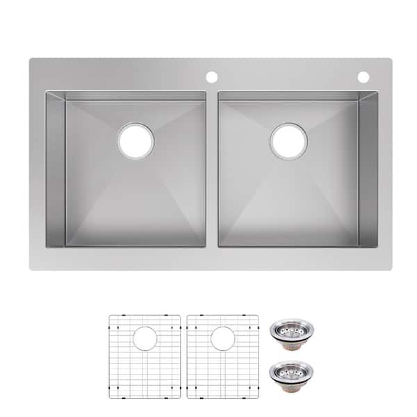 Professional Zero Radius 36 in. Drop-In 50/50 Double Bowl 16 Gauge Stainless Steel Kitchen Sink with Accessories