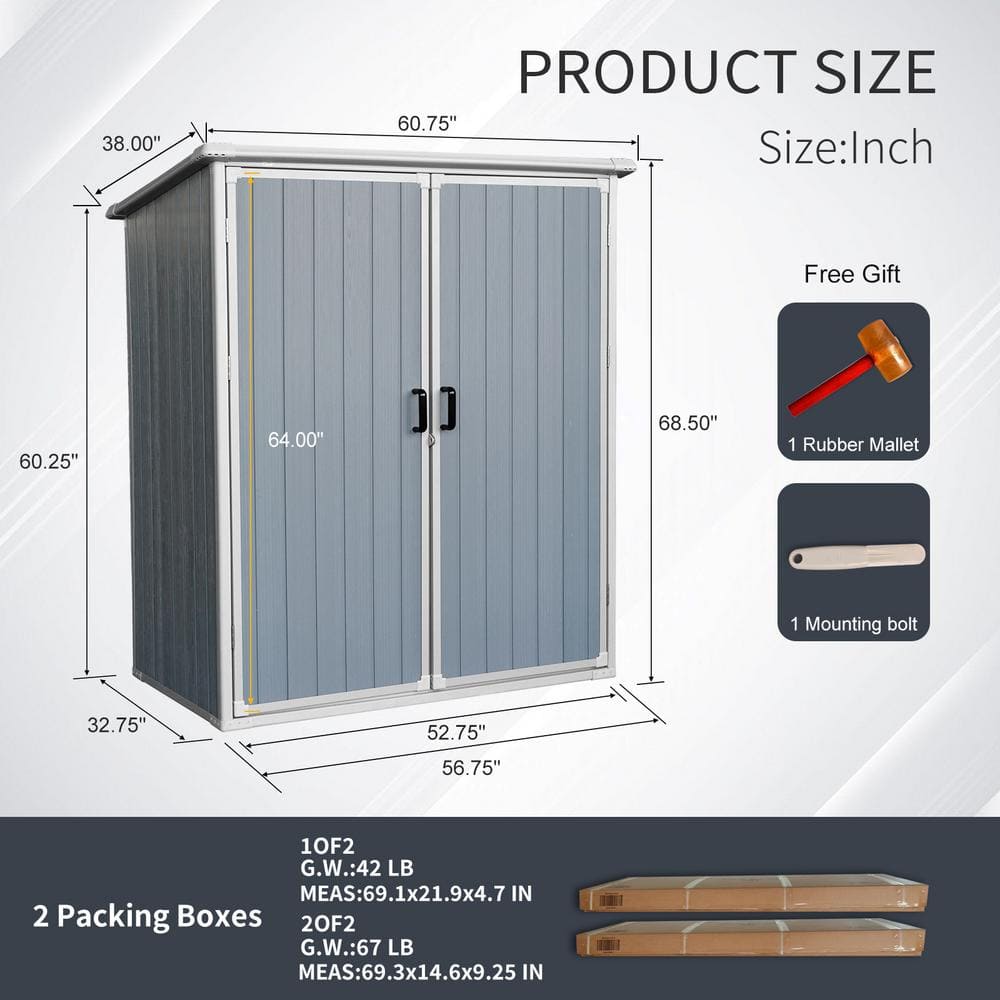 5x3ft Gray Resin Double Door Outdoor Storage Shed
