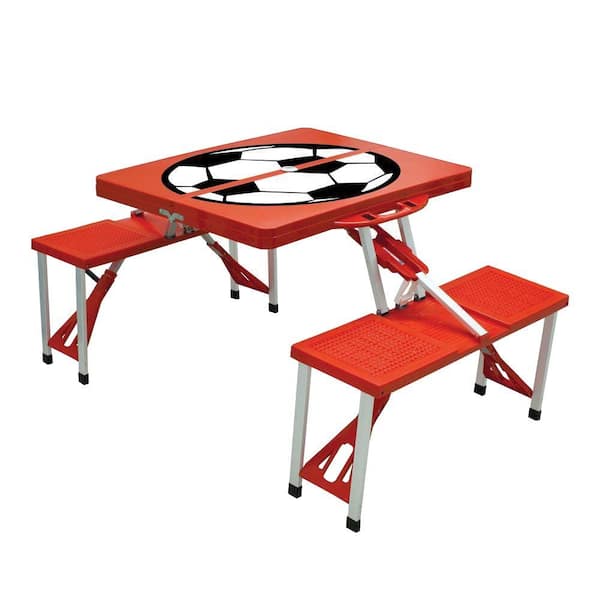 Picnic Time Red Sport Compact Patio Folding Picnic Table with Soccer Pattern