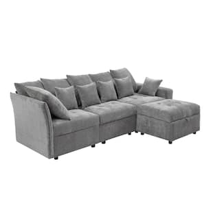 96.5 in. Straight Arm 4-Piece Chenille L-Shaped Sectional Sofa in. Gray with Storage Ottoman and USB Ports