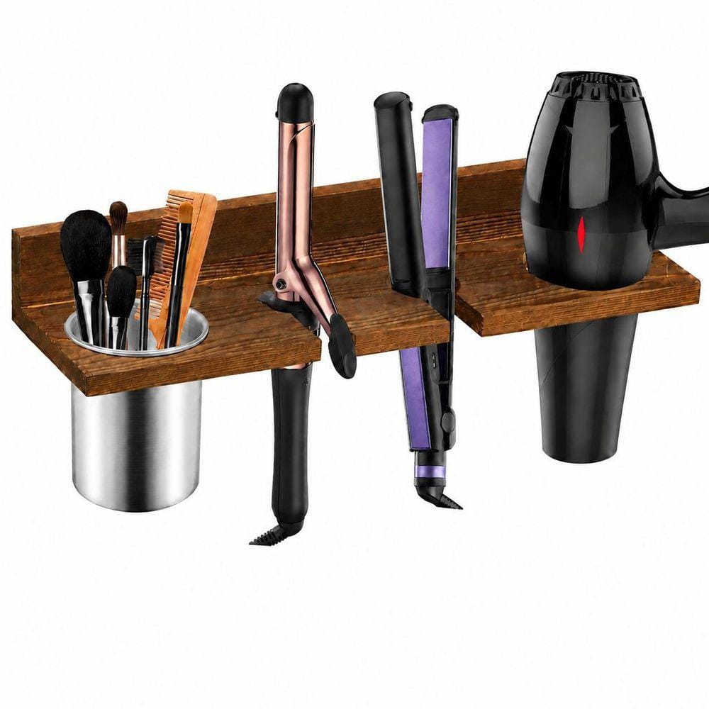 16 in Wall Mounted Hair Tool Organizer Wooden Blow Dryer Holder Brown Finish Rustic Storage