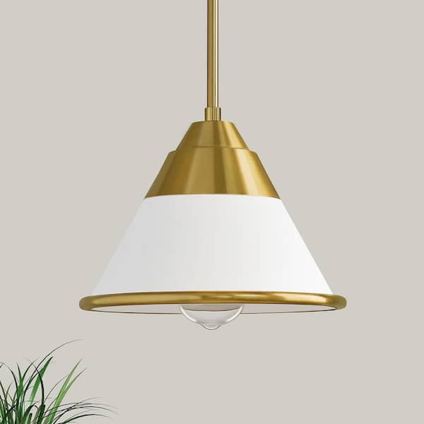 1-Light 40W Height Adjustable Hanging Gold Vintage Kitchen Island Pendant Light With E26 Base and White Dome Glass Shade