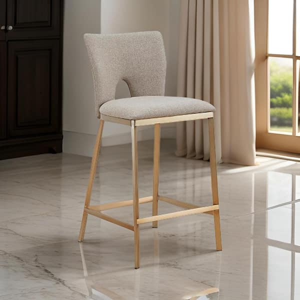 Benjara 26.5 in. Beige and Brass Low Back Metal Frame Bar Stool with Fabric Seat (Set of 2)