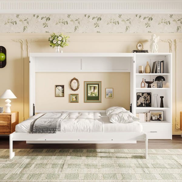 White Wood Frame Queen Size Murphy Bed Wall Bed with Left-Side or Right-Side Storage Bookcase and Adjustable Shelf