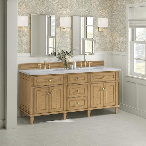 James Martin Vanities Lorelai 72.0 in. W x 23.5 in. D x 34.06 in. H Double Vanity in Light Natural Oak with Arctic Fall Solid Surface Top