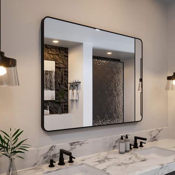 Odin 48 in. W x 36 in. H Tempered Glass Matte Black Rectangular Framed Wall Bathroom Vanity Mirror