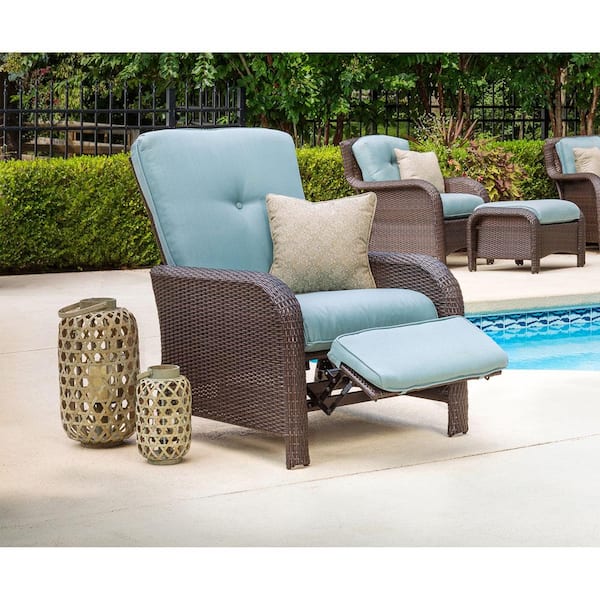 Hanover Strathmere All Weather Wicker Reclining Patio Lounge Chair With Ocean Blue Cushion Strathrecblu The Home Depot - Garden Furniture Reclining Patio Chairs