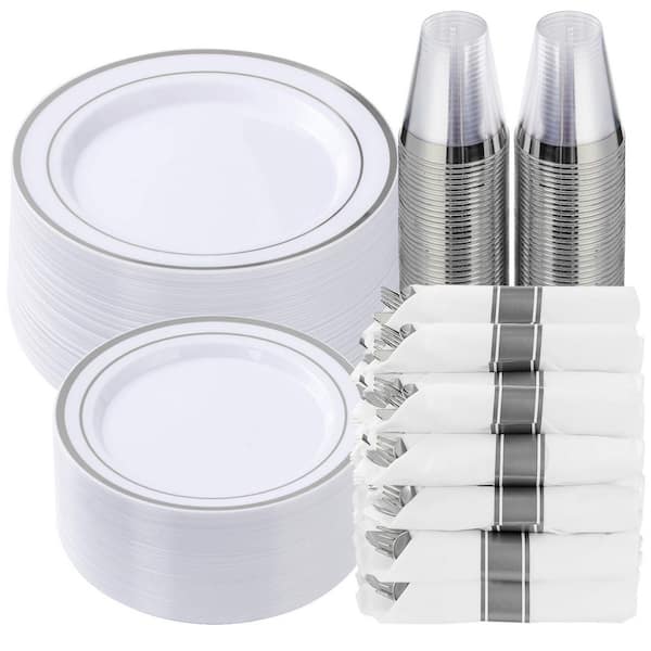 350 Piece Silver Plastic Dinnerware Set for 50 Guests with Dinner and Dessert Plates, Cups, Napkins, and Silverware