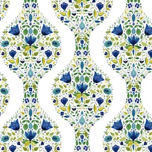 Cobalt and Spring Green Floral Ogee Vinyl Peel and Stick Wallpaper Roll (30.75 sq. ft.)