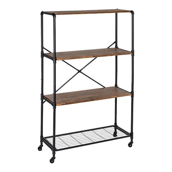 Honey-Can-Do 63 in. H Black and Brown Wood 4-Shelf Industrial Rolling Bookshelf
