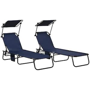 Dark Blue Metal Outdoor Folding Chaise Lounge Pool Chairs, Sun Tanning Chairs with Sunshade Face Guard (Set of 2)