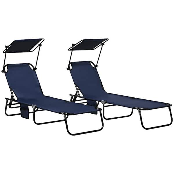 Outsunny Dark Blue Metal Outdoor Folding Chaise Lounge Pool Chairs, Sun Tanning Chairs with Sunshade Face Guard (Set of 2)