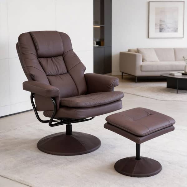Eltrex Modern Brown Faux Leather Swivel Recliner Chair with Ottoman, Manual Push-Back Reclining Armchair