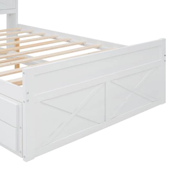 White Wood Frame Full Size Platform Bed with Storage Headboard, Outlets, Twin Size Trundle and 3 Storage Drawers