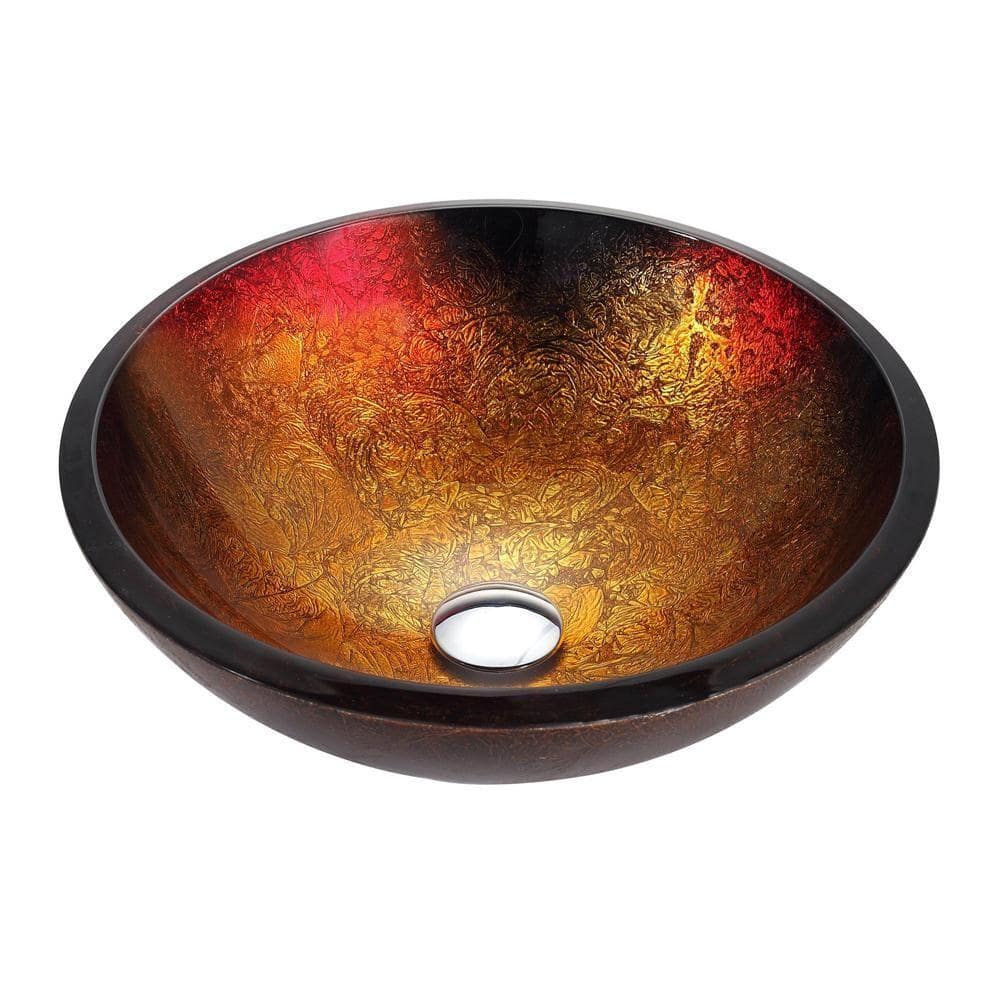 Red and Gold Glass Circular Vessel Bathroom Sink, 17 inch
