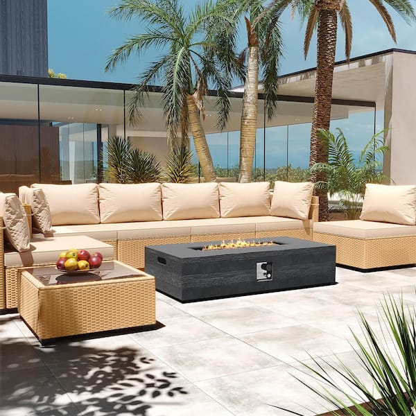 PATIOGUARDER 8-Piece Rattan Patio Conversation Set with Cushions and 56 in. Outdoor Rectangle Fire Pit Table, Beige Cushions