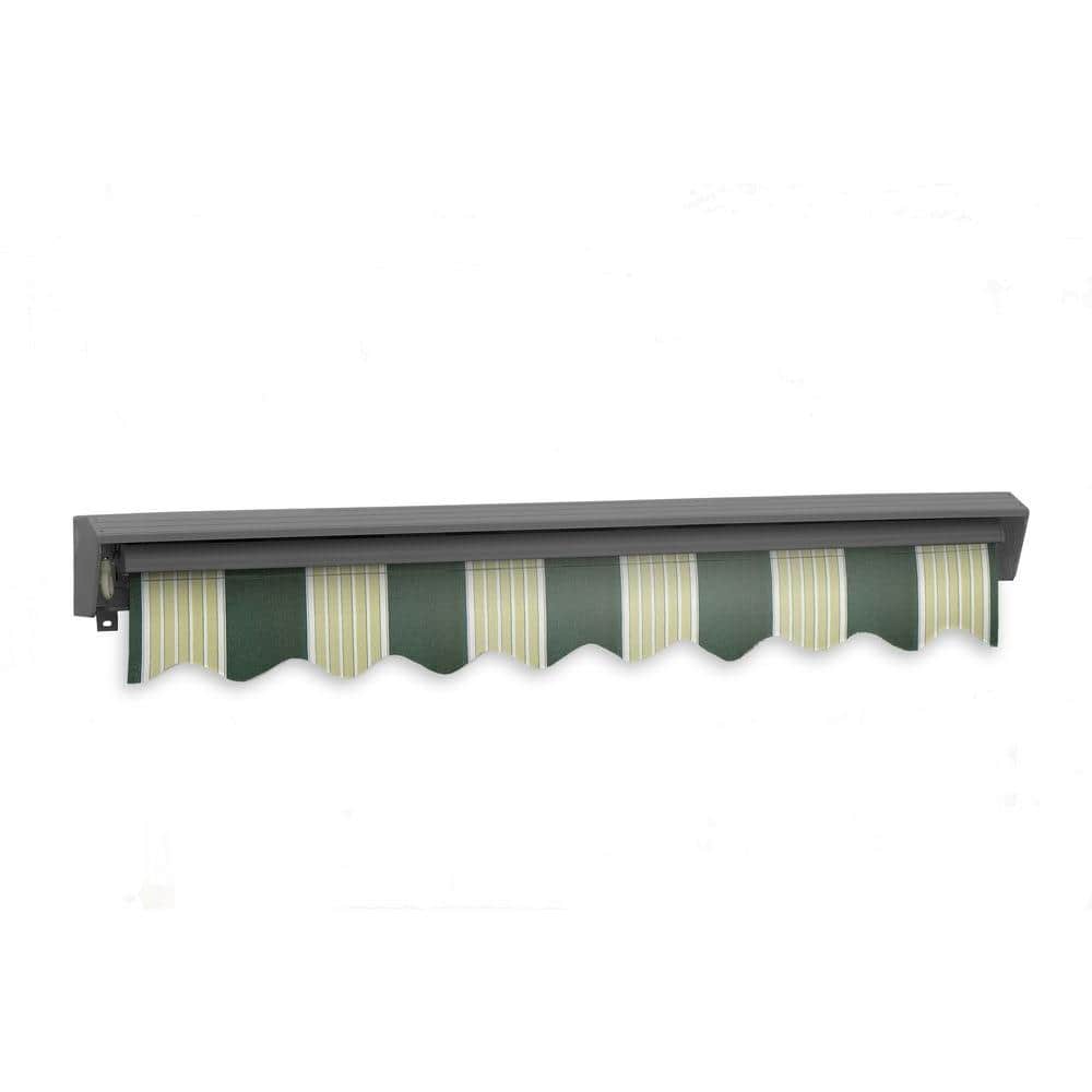 13 ft. Forest Green and Cream Striped Motorized Patio Awning with Gray Aluminum Frame