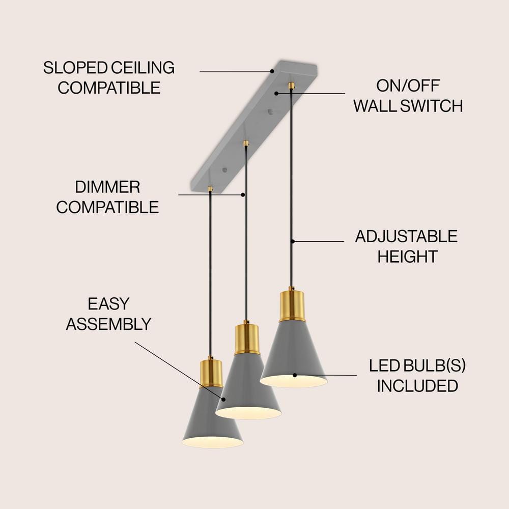 Apollo Adjustable Trio Pendant in Gray/Brass Gold with LED Lights