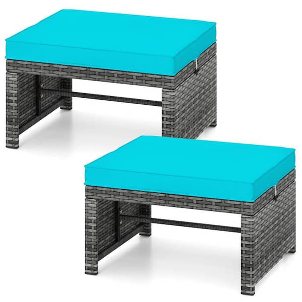 Costway Wicker Outdoor Ottoman Footstools with Removable Turquoise Cushions & Metal Frame (2-Pack)