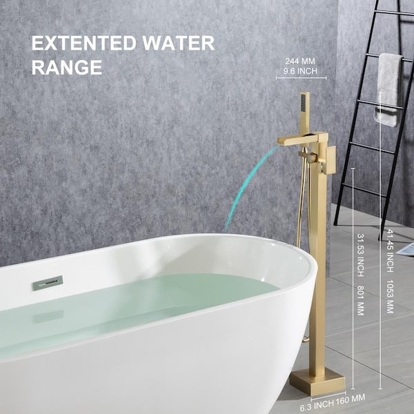 Waterfall Spout Single-Handle Floor Mount Freestanding Tub Faucet with Handheld Shower in Brushed Gold