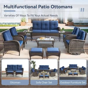 Brown Wicker Outdoor Ottoman with Blue Cushions (2-Pack)