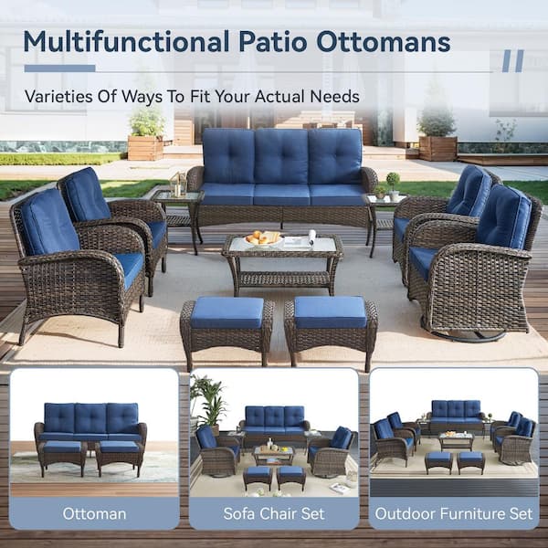 Modern Farmhouse Brown Wicker Outdoor Ottoman with Blue Cushions for Patio Furniture PE Resin Footrest (Set of 2)