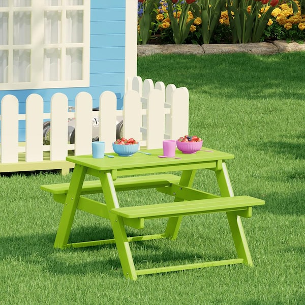 Children's Laguna Outdoor Patio All Weather Plastic 29.75 in. Rectangle Kids Picnic Play Table w/ Benches in Lime